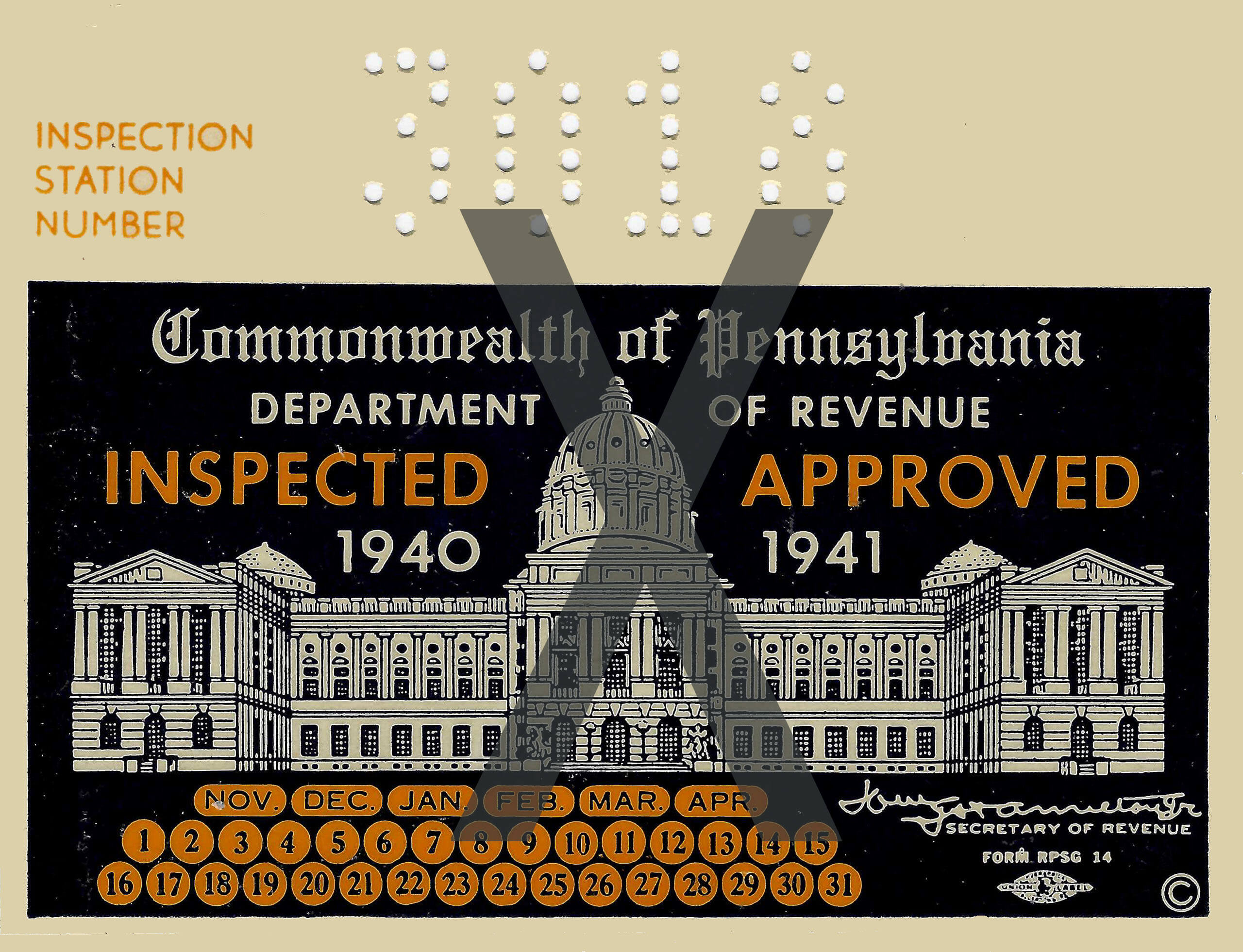 (image for) 1940-41 Pennsylvania INSPECTION Sticker